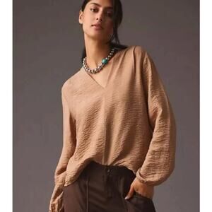 NWT Self Contrast Anthropologie Tan Brown Long Sleeve Tunic Blouse size Medium